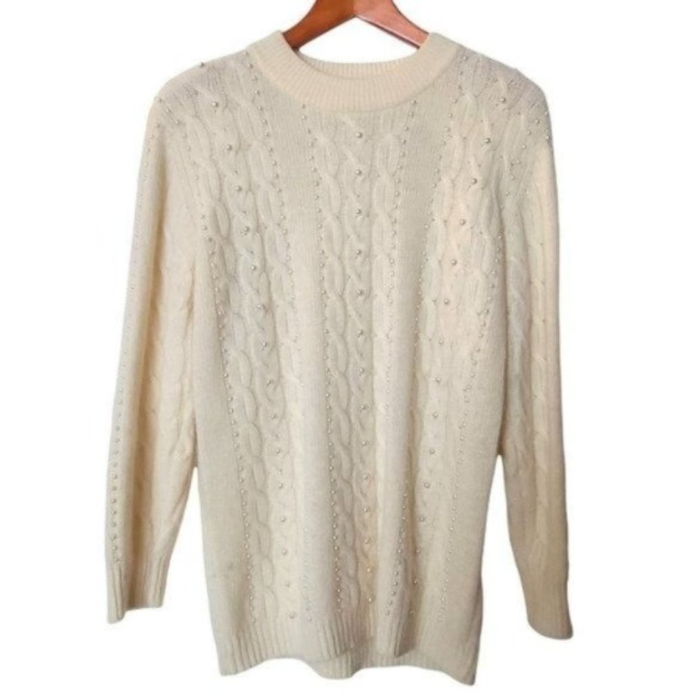 Vintage 80's Anne Klein Knitwear by Sadimara Pearl Embellished Sweater Cable Kni